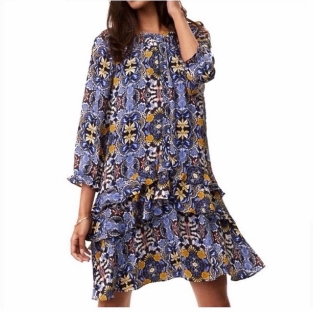 LOFT floral Print Ruffle Hem dropped waist chiffon shirt Dress L